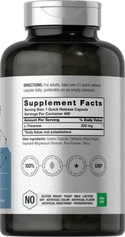 L Theanine 200mg | 400 Cápsulas | Tamanho Econômico | Suplemento Sem OGM e Sem Glúten - Horbäach