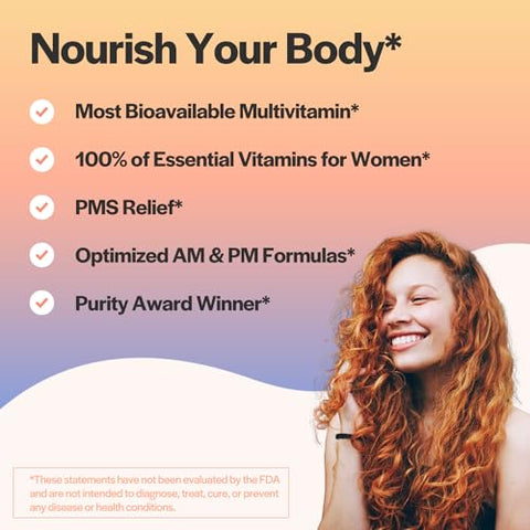 Multivitamínico Diário Premium para Mulheres com Ferro, Ácido Fólico, Cálcio e Ômega-3 DHA