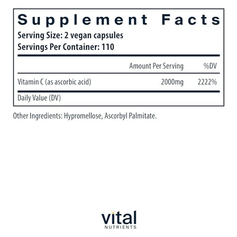 Vitamina C 1000mg (Ácido Ascórbico Puro) | Suplemento Vegano Antioxidante para Suporte Imunológico e Absorção de Ferro* | Livre de Glúten, Laticínios e Soja | Não-OGM | 220g - Vital Nutrients