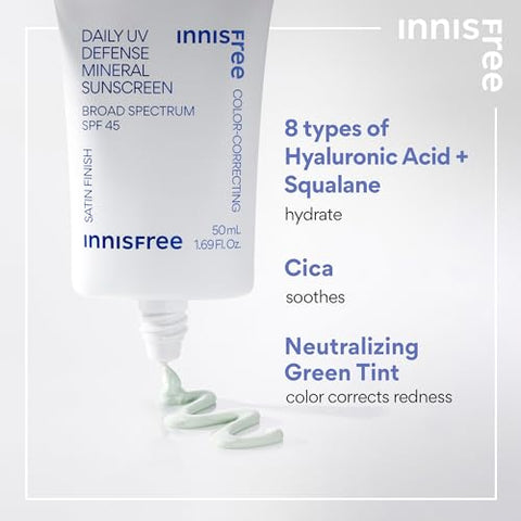 Protetor Solar Mineral innisfree Daily UV Defense SPF 45 com Ácido Hialurônico – Tonalidade Verde Corretora