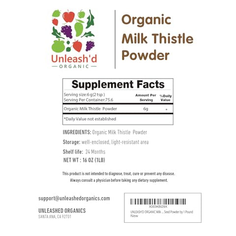 UNLEASH'D ORGANIC - UNLEASH’D ORGANIC Leite de Cardo em Pó 454g Rico em Silimarina e Antioxidantes Suporte Imunológico 100% Puro e Orgânico