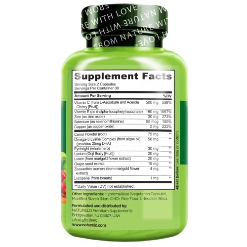 Eye Vitamins – Fórmula AREDS 2 com Nutrientes de Luteína, Zeaxantina, Vitamina C, E, Zinco, além de DHA – Suplemento para Olhos Secos, Visão Saudável, Suporte Ocular – 60 Cápsulas Veganas - NATURELO