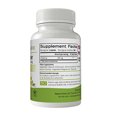 Nature's Trove - Nature’s Trove L-Theanine 200mg – 365 Cápsulas Vegetarianas de Tamanho Super Econômico