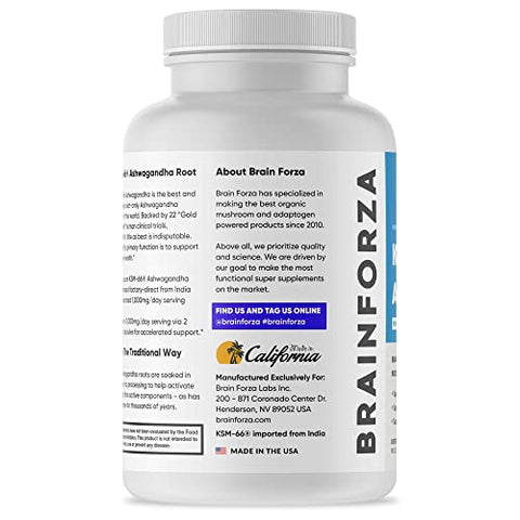 KSM-66 Ashwagandha: Extrato Puro de Raiz Orgânica, Potência de 1.000mg, 5%% Withanolides, Saúde Hormonal, Suporte Cognitivo, 90 Cápsulas - Brain Forza
