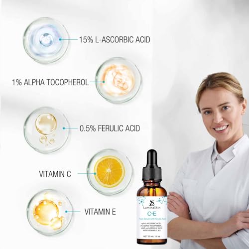 LuminaSkin - Sérum Facial de Vitamina C – Vitamina CE com Ácido Ferúlico para Mulheres – Vitamina E e Sérum de Ferúlico para Cuidados com a Pele – Sérum de Vitamina C para o Rosto – Corretor de Manchas Escuras, Cuidados Anti-Envelhecimento 30ml
