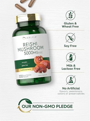 Reishi Mushroom 5000mg | 300 Cápsulas | Extrato de Reishi Sem GMO e Sem Glúten - Carlyle