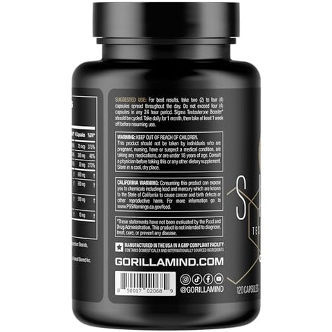 Sigma Testosterone Booster – Tongkat Ali e Extrato de Fadogia Agrestis para Aumentar os Níveis de Testosterona (120 Cápsulas) - Gorilla Mind