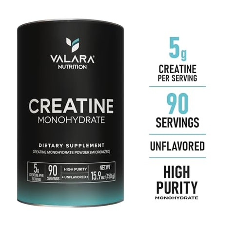 VALARA BOOST RECOVERY - Valara Creatine Monohydrate Micronized Powder 450g – 90 Porções, 5000mg Por Porção (5g) Sem Sabor, Vegano e Amigo da Dieta Keto