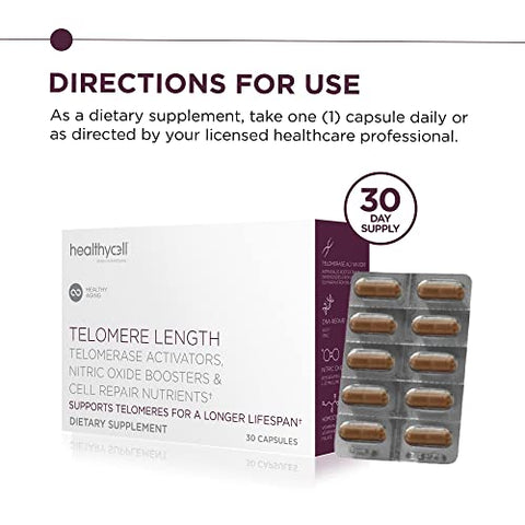 Telomere Length | Suplemento para Alongamento de Telômeros e Reparo de DNA, Anti Envelhecimento, Saúde Celular, Suporte a Células-Tronco | Ingrediente Clinicamente Comprovado AC11® | Cápsulas de 578 mg - Healthycell