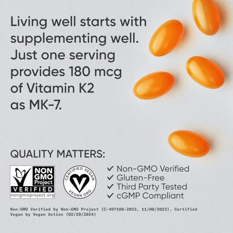 Sports Research - Vitamina K2 como MK-7 180mcg com Óleo de Coco MCT – 60 Cápsulas Vegetais – Certificado Vegano, Verificado Não-OGM