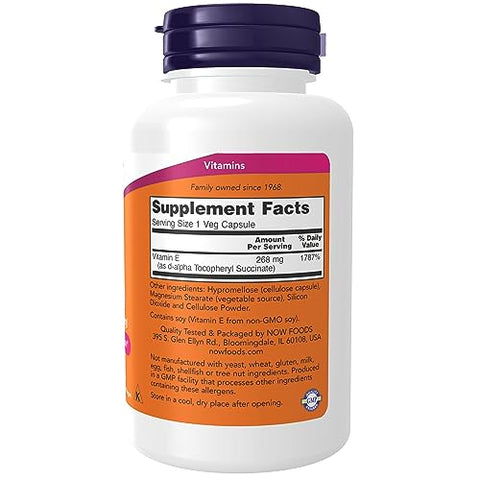 NOW Foods - NOW Supplements, Vitamina E-400 IU D-Alpha Tocopheryl, Seca, Proteção Antioxidante*, 100 Cápsulas Vegetais