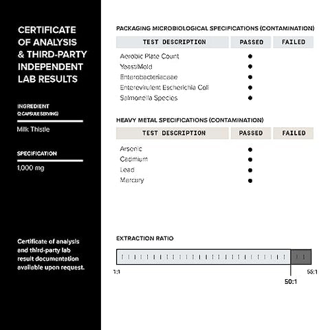 Extrato de Cardo de Leite Concentrado 50x 50.000mg – 1000mg por Porção – 80% Silimarina – Cápsulas de Suplemento de Cardo de Leite Bioativo – 240 cápsulas - Toniiq