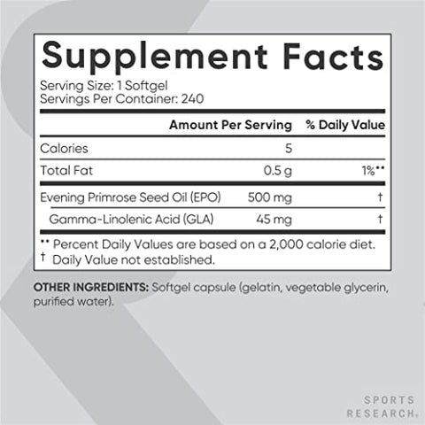 Óleo de Prímula Sports Research (500mg) Prensado a Frio, Sem Preenchedores ou Ingredientes Artificiais, Testado Não-OGM – Sem Glúten