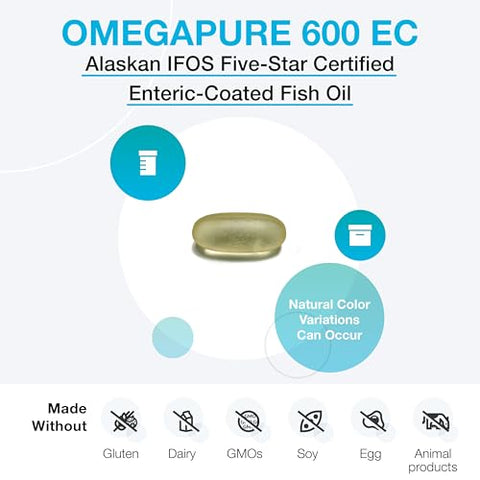 OmegaPure 600 EC – Óleo de Peixe Certificado pela International Fish Oil Standards (IFOS) – Ômega-3 DHA EPA para Suporte Cardiovascular e Cognitivo (120 Softgels) - XYMOGEN