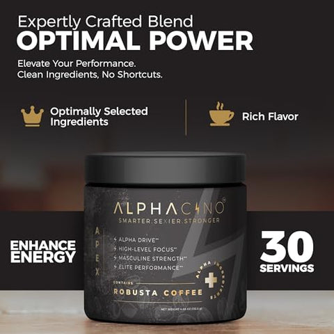 Apex – Pó de Café Instantâneo para Homens Robustos e Vigorosos – Crescimento Muscular, Foco Afiado, Resistência Aumentada – Ashwagandha KSM-66, Cogumelo do Leão, Extrato de Maca Negra – 100g - Alphacino