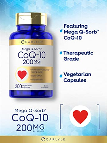 CoQ10 200mg | 200 Cápsulas | Mega Q-Sorb Coenzima Q-10 | Vegetariano, Não-OGM, Sem Glúten | Comprar Online - Carlyle