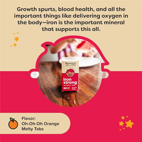 Renzo's - Renzo’s Suplemento de Ferro para Crianças – Suplemento Vegano de Ferro Dissolvível com Vitamina C – Sem Açúcar, Sabor Laranja Oh-Oh-Oh, 90 Comprimidos Derretíveis de 90 g