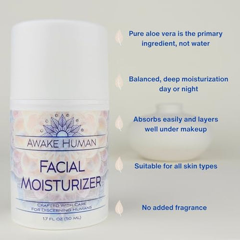 Awake Human - Hidratante Facial Natural com Aloe Vera e Chá Verde para Pele Seca e Sensível – Creme Facial Sem Fragrância
