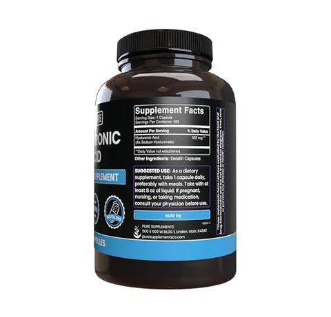PURE ORIGINAL INGREDIENTS - Hyaluronic Acid Puro Original (365 Cápsulas) Sem Preenchedores de Magnésio ou Arroz, Sempre Puro, Verificado em Laboratório – Ingredientes Originais de Alta Qualidade