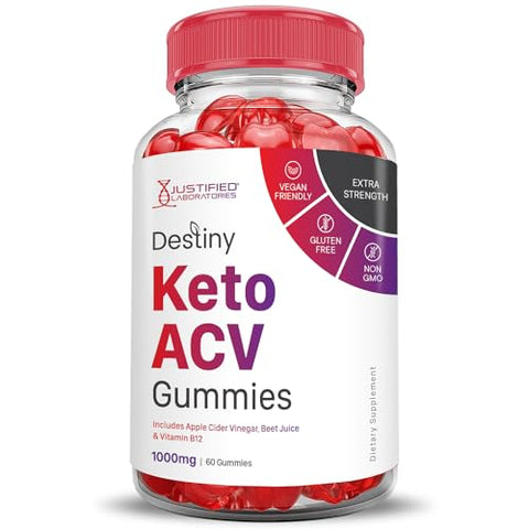 Justified Laboratories - Destiny Keto Gummies ACV 1000MG Fórmula Avançada – Vinagre de Maçã com Romã e Beterraba em Pó B12 Vegan Non GMO 60 Gummys
