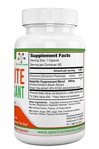 Spectra Vitamins - Supressor de Apetite 60 Cápsulas – Hoodia Sul-Africana e Extrato de Chá Verde Controlam o Apetite, Aumentam a Energia e Promovem a Perda de Peso, Fabricado nos EUA
