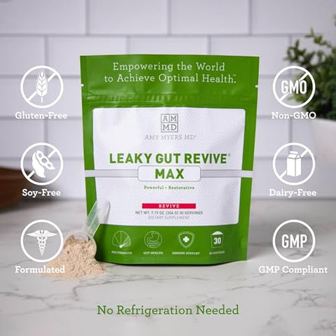 Amy Myers MD - Dr. Amy Myers Leaky Gut Revive MAX Powder – Pó Potente de L-Glutamina para Suporte a Constipação, SII, Diarreia, Inchaço, Gases, SIBO – Suplemento à Base de Plantas