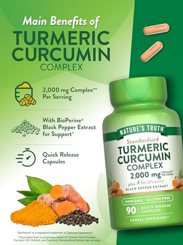 Nature's Truth - Cápsulas de Curcuma Curcumin da Nature’s Truth | 2000mg | 90 Unidades | com 95%% de Curcuminoides Padronizados e Bioperina | Suplemento Livre de OGM e Glúten