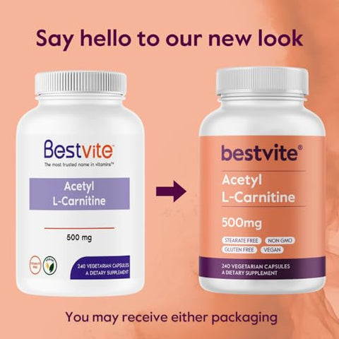 Acetyl L-Carnitine 500mg (240 Cápsulas Vegetarianas) – Sem Estearatos – Vegano – Não Transgênico – Livre de Glúten - BESTVITE