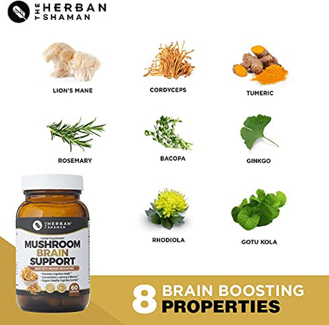 The Herban Shaman - Suplemento Cogumelo Suporte Cerebral | Leão Mane Orgânico, Cordyceps, Folha de Ginkgo, Gotu Kola e Mais | Herbal Natural (60 Cápsulas)