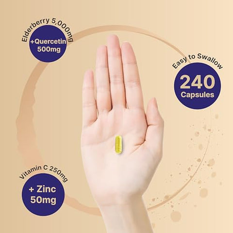 Cápsulas de Sabugueiro Sambucus, 5000mg por Porção com Quercetina 500mg, Vitamina C e Zinco, 240 Unidades | Extrato de Frutas de Sabugueiro Preto Europeu – Suporte Imunológico 4 em 1 - NatureBell