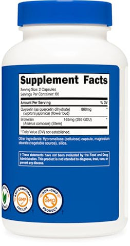 Quercetina com Bromelina, 880mg Quercetina 165mg Bromelina Por Porção, 120 Cápsulas, 60 Porções (2 Cápsulas Por Porção) – Vegetariano, Não-OGM - Nutricost