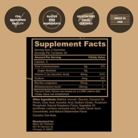 Black Girl Vitamins - Vitaminas Black Girl – Gomas Probióticas para Saúde Digestiva e Suporte Imunológico, Vitaminas Livres de Glúten (Framboesa-Melancia), 60 unidades