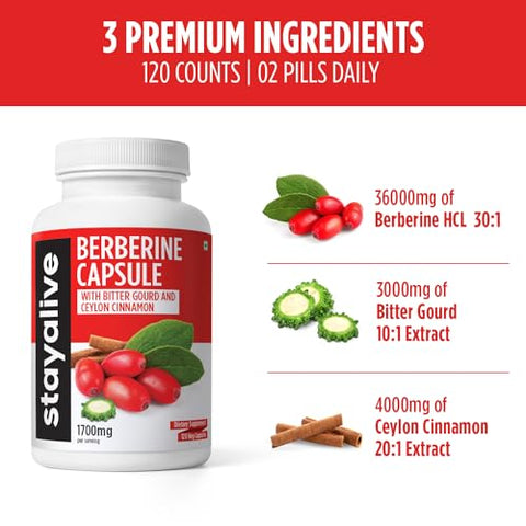 Berberine com Canela do Ceilão, Berberina HCL 1200mg c/ Extrato de Melão Amargo 300mg, Super Extrato 30:1, 120 Cápsulas de Berberina, Vegano, Não-OGM - STAY ALIVE