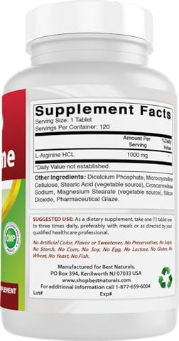 3 Pack L-Arginine 1000 mg 120 Tablets – Suplemento de L-Arginina de Grau Farmacêutico Promove a Síntese de Óxido Nítrico (Total de 360 Comprimidos) - Best Naturals