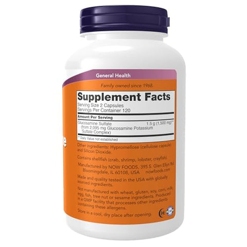 Suplementos, Glucosamina Sulfato 750 mg, Certificação UL de Suplemento Alimentar, 240 Cápsulas Vegetais - NOW Foods