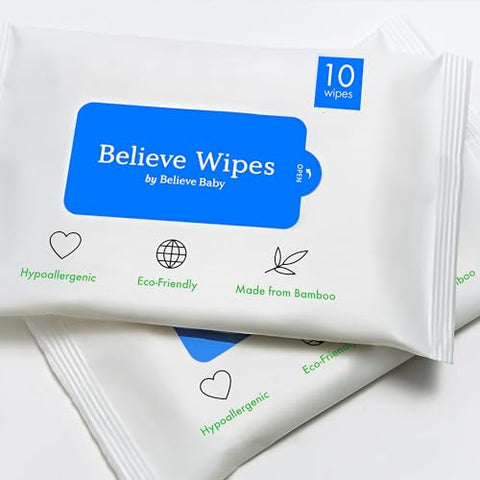 Baby Wipes – Lenços umedecidos de bambu premium, hipoalergênicos, livres de produtos químicos, sem fragrância, tamanho viagem – 10 unidades x 10 pacotes (100 unidades) - Believe