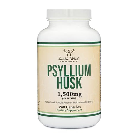 Cápsulas de Psyllium Husk – Suplemento de Fibra (240 Unidades, 1.500mg por Porção) Fibra Solúvel para Manter a Regularidade (Não-OGM) - Double Wood Supplements