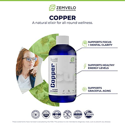 Zemvelo - Cobre Quelato Iônico Líquido | Elixir Natural para Tecido Conjuntivo Saudável | Cabelos, Pele e Unhas Saudáveis