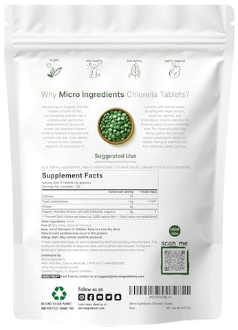Micro Ingredients - Tabletes de Chlorella Orgânica, 500mg por Tablete, 720 Tabs (360g), 4 Meses de Suprimento, Parede Celular Quebrada, Rica em Proteína Vegana
