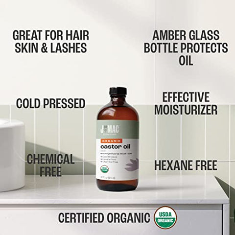 Óleo de Rícino Orgânico Prensado a Frio (Frasco de Vidro, 473 ml) puro não refinado, livre de hexano para rosto, pele, cílios, embalagens, almofadas - J MAC BOTANICALS
