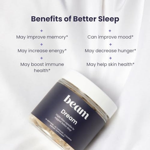 Dream | Cápsulas para Dormir | Ingredientes Naturais – L-Teanina, Magnésio | Sem Glúten, Vegano, Não-OGM, Sem Açúcar Adicionado, Keto, Sem Laticínios - Beam