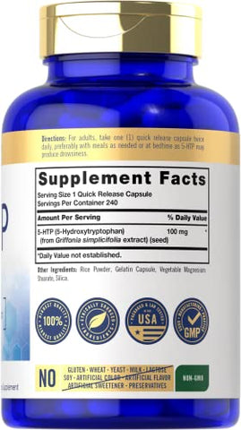 5HTP | 100mg | 240 Cápsulas | 5 Hidroxitriptofano | Não-OGM | Comprimidos de 5-HTP de alta potência - Carlyle