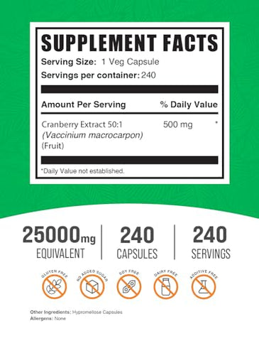 Cranberry Extract Capsules – BulkSupplements.com, Cranberry Supplement for Women – Vegan, 1 Capsule (25000mg Equivalent) per Serving, 240 Veg