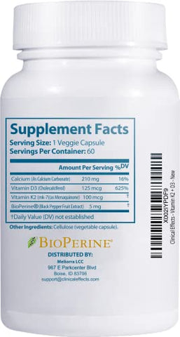 Vitamina K2 D3 – Suplemento de Vitamina K2 D3 com Extrato de Pimenta Preta Bioperina e Cálcio para Suporte à Saúde Óssea e Cardíaca – 60 Cápsulas – Máxima Absorção – Marca Clinical Effects - Clinical Effects