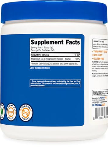 Magnesium Malate em Pó (300g) – 420mg de Magnésio por Porção – Livre de Transgênicos, Sem Glúten - Nutricost