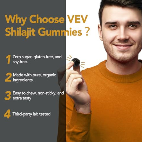 Gummies de Shilajit com Ashwagandha, Sea Moss e Óleo de Semente Preta – Potencialize sua saúde com ingredientes naturais! - VEV