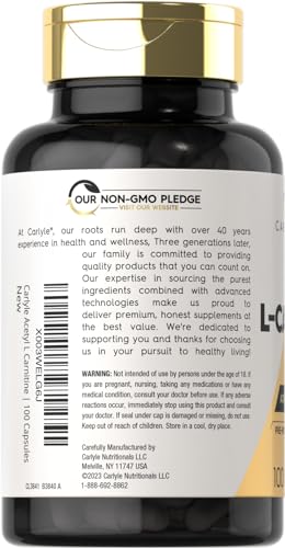 Acetyl L-Carnitine HCL Cápsulas | 1000mg | 100 Unidades | Suplemento Sem OGM e Sem Glúten - Carlyle