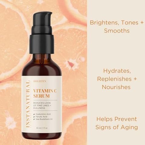 Serum Facial de Vitamina C, Ilumina, Hidrata e Reduz Sinais de Envelhecimento, com Vitamina C, Ácido Hialurônico e Ferúlico, 30 ml - InstaNatural