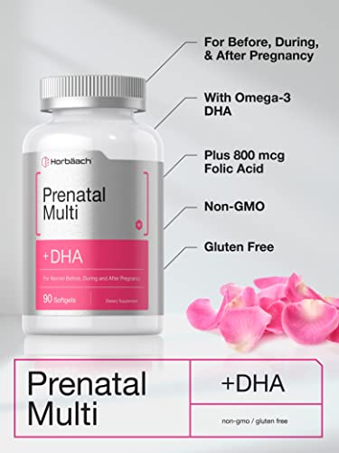 Prenatal Multivitamínico para Mulheres com DHA, Ferro e Ácido Fólico | 90 Softgels | Não-OGM - Horbäach
