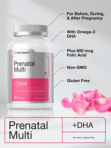 Prenatal Multivitamínico para Mulheres com DHA, Ferro e Ácido Fólico | 90 Softgels | Não-OGM - Horbäach